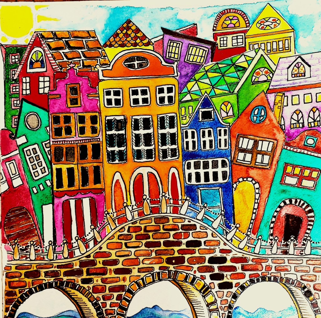 Ontdek de speelse charme van Amsterdam door deze kleurrijke en naïeve aquarel van de iconische grachtenhuisjes. Een levendig kunstwerk dat de unieke sfeer van de stad vangt en elke ruimte opfleurt.