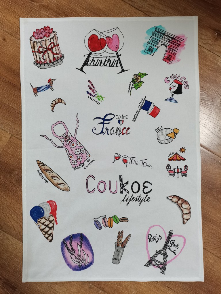 Katoenen theedoek met handgetekende Franse iconen in&nbsp;aquarelstijl